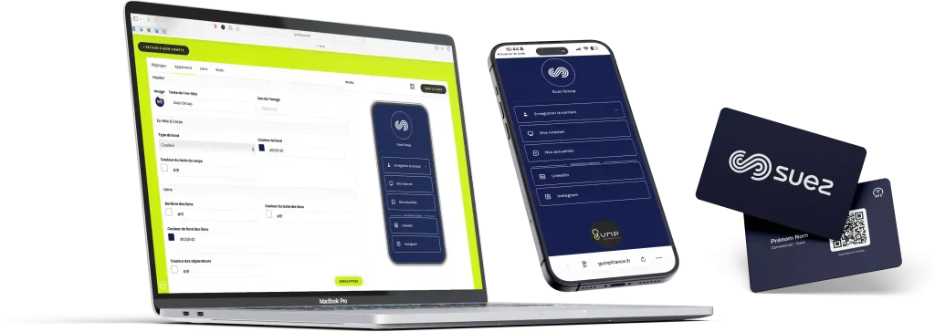 Mockup de la carte de visite NFC avec le multi-liens et l'interface de modification.
